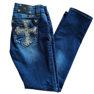 Miss Me Signature Rise Skinny Jean 30 Dark Wash Sequined Cross Y2K Cowgirl